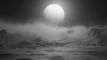 Alien planet landscape with moon or satellite in dark skyの写真素材