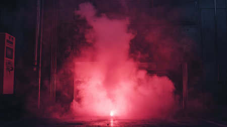 Red smoke emerging from a dark futuristic doorwayの写真素材