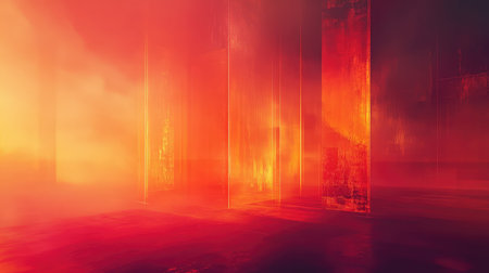 Abstract warm light pillars illuminating foggy spaceの写真素材