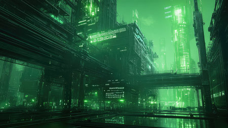 Futuristic city buildings glowing with neon green lightの写真素材