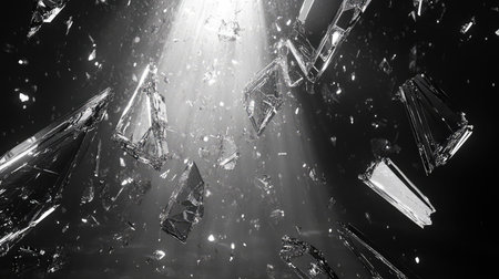 Shards of glass shattering in dark explosion effectの写真素材
