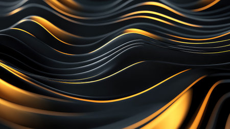 Black and gold flowing abstract background creating elegant wavesの写真素材