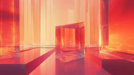 Abstract glass cuboid reflecting warm light in futuristic spaceの写真素材