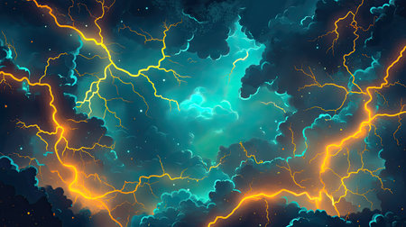 Powerful lightning striking vibrant stormy sky cloudsの写真素材