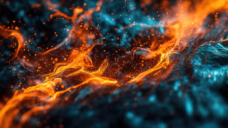 Flowing orange and blue particles creating energy wavesの写真素材