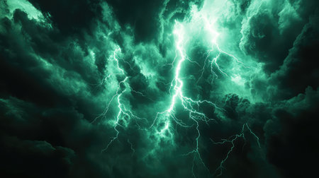 Lightning bolts striking through dark stormy skyの写真素材