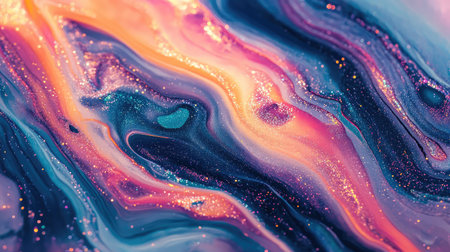 Vibrant liquid swirling with sparkling glitter and colorful pigmentsの写真素材