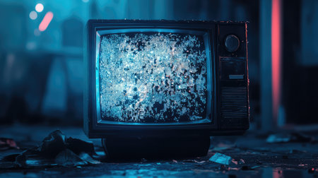 Old television displaying static screen in abandoned buildingの写真素材