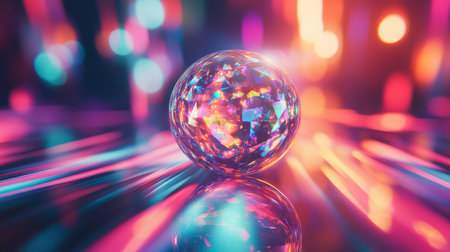 Holographic faceted sphere reflecting vibrant light trailsの写真素材
