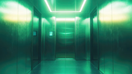 Modern metallic elevator doors are seen inside a futuristic hallway, reflecting neon green and yellow lights, creating an atmosphere of technology and waitingの写真素材