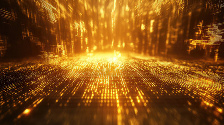 Golden digital data tunnel connecting global networkの写真素材