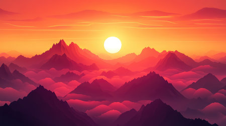 Vibrant mountain landscape with glowing sun settingの写真素材