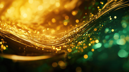 Golden glittering particles swirling with green bokeh lightの写真素材