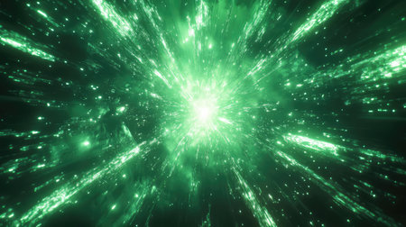 Green glowing light burst accelerating through spaceの写真素材