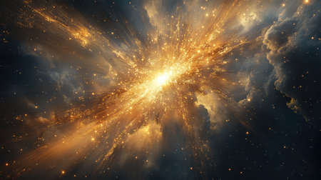 Golden cosmic explosion radiating energy and lightの写真素材