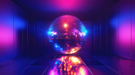 Disco ball reflecting neon gradient lights in futuristic venueの写真素材