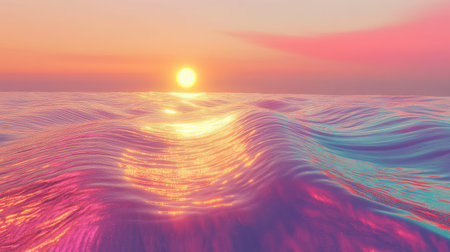 Golden sun reflecting vibrant colors over ocean wavesの写真素材