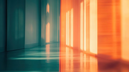 Interior hallway reflecting warm sunlight and cool shadowsの写真素材