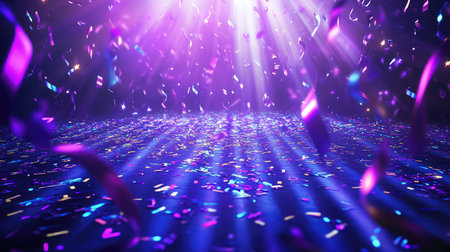 Falling confetti streamers celebrating a vibrant glowing event nightの写真素材