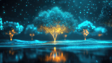 Digital tree glowing with connectivity in futuristic landscapeの写真素材
