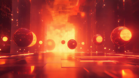 Glowing spheres floating in abstract data tunnelの写真素材