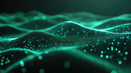 Green digital data waves networking interconnected particlesの写真素材
