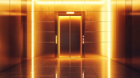 Golden elevator doors glowing in modern luxurious hallway