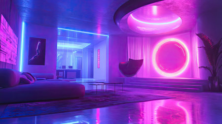 Futuristic living room interior with vibrant neon lightingの写真素材