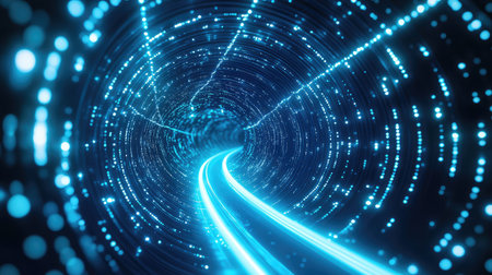 Digital data stream moving through futuristic fiber optic tunnelの写真素材