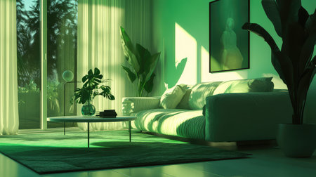 Living room interior with green light and tropical plantsの写真素材