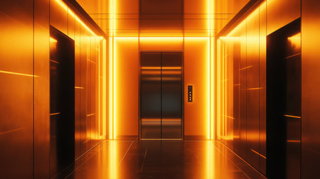 Modern elevator lobby with warm glowing lightの写真素材