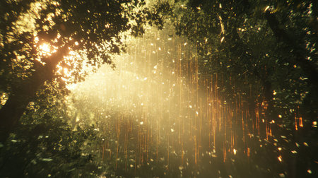 Golden light shining through forest canopy creating ethereal atmosphereの写真素材