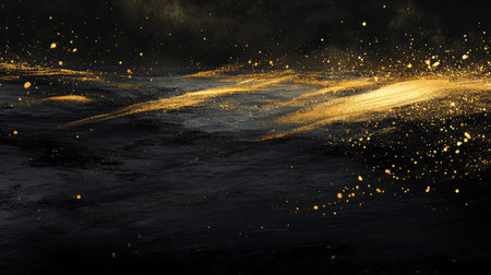 Golden glitter dust flowing abstract dark background