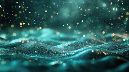 Glowing particles floating over abstract glittering wavesの写真素材