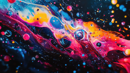 Vibrant liquid paint creating abstract colorful fluid art