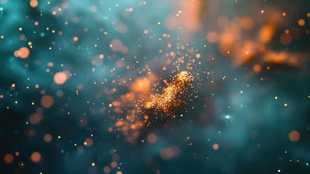 Abstract glowing particles generating energy in deep teal spaceの写真素材