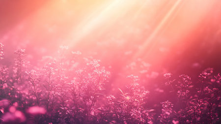 Pink flowering meadow background with warm glowing light raysの写真素材
