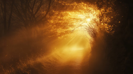 Golden sunlight breaking through dense fog on a pathの写真素材