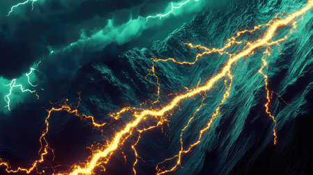 Powerful lightning striking dark atmospheric stormy landscapeの写真素材