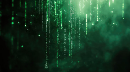 Digital rain falling green characters streaming technology data