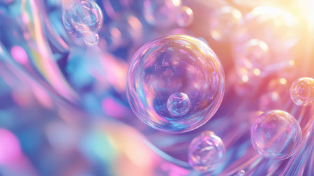Iridescent bubbles floating, reflecting light, abstract colorful background