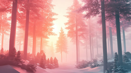 Winter forest landscape with colorful foggy atmosphereの写真素材