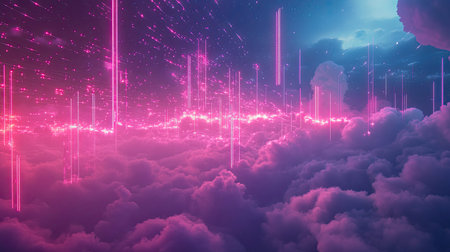 Digital data streaming through vibrant glowing clouds