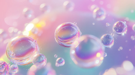 Iridescent bubbles shimmering with holographic rainbow colors floating