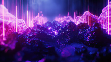 Abstract terrain with neon light beams and glowing dotsの写真素材