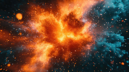 Fiery explosion spreading glowing orange and blue particles
