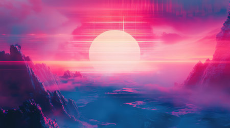 Synthwave sunset over alien landscape with retro digital lines