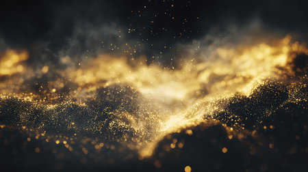 Golden glittering particles flowing in dark abstract backgroundの写真素材