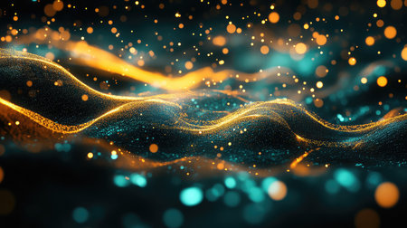 Abstract flowing data wave with particle bokeh effectの写真素材