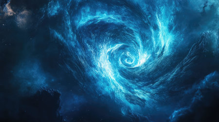 Cosmic blue swirling energy vortex in deep spaceの写真素材